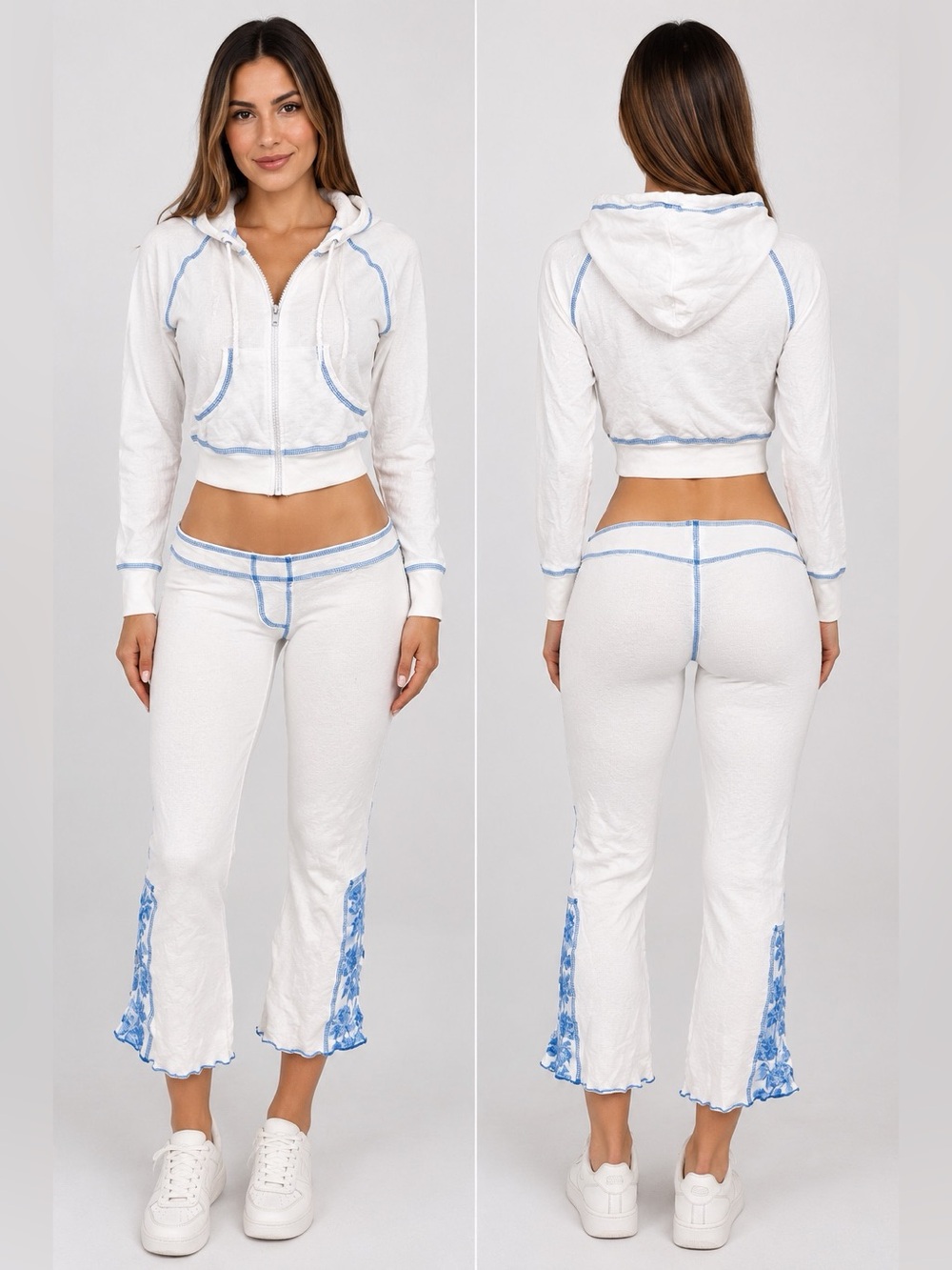 BEBE Women's White & Blue Floral Cropped Pant Set Y2K